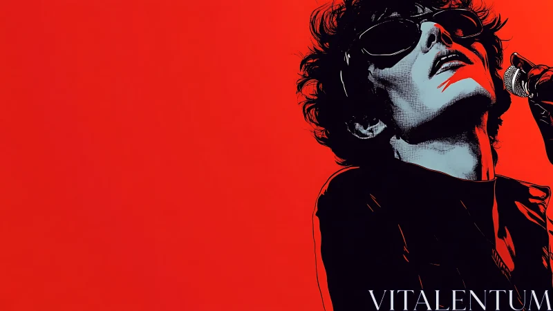 Graphic portrait of a singer in high-contrast red and black