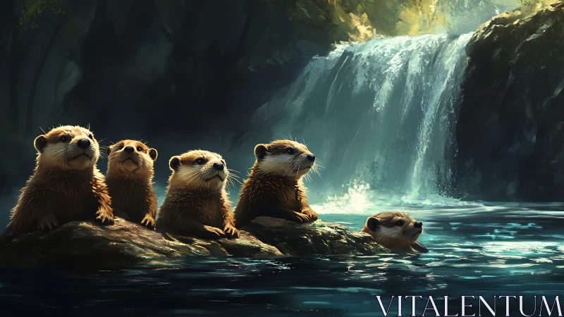 Otter family resting on river rocks beneath waterfall.