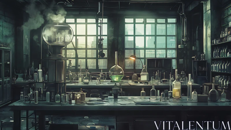 Moody vintage laboratory with glowing experimental glassware.