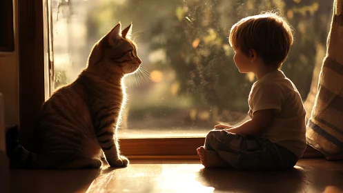 Golden Hour Companions: Child and Cat Share Quiet Window Contemplation