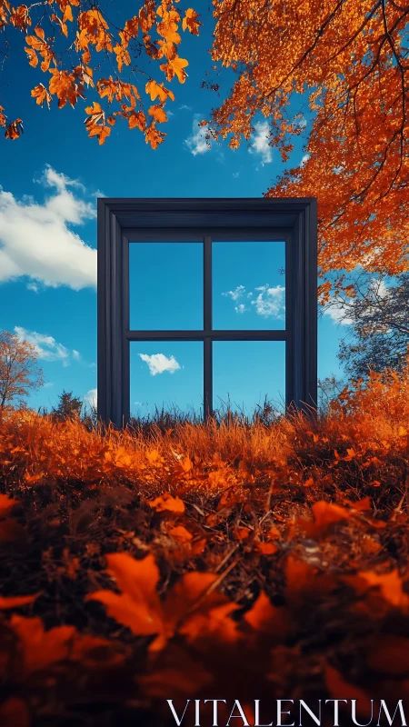 Open window frame stands in vivid orange autumn field