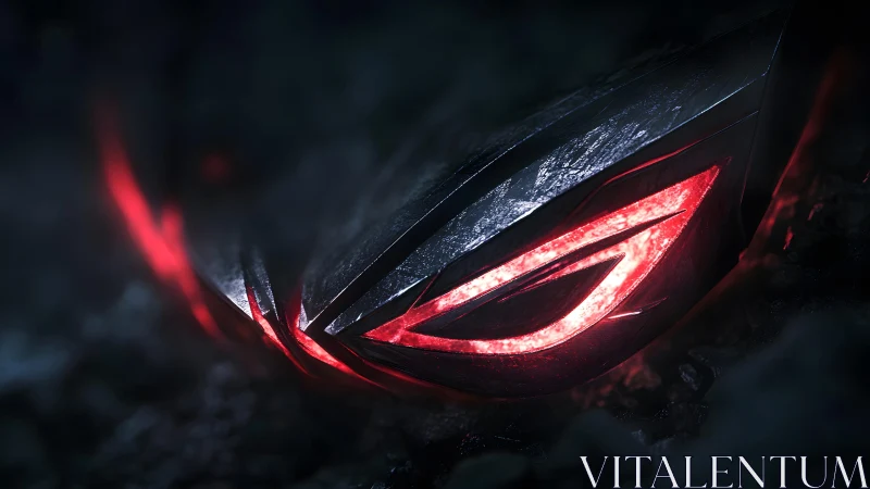 Futuristic metallic mask with glowing red accents in dark setting.