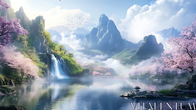 Blossoming valley cradles misty peaks, waterfall, and calm lake