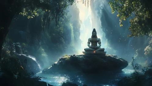 Serene deity statue meditates on a forest waterfall altar