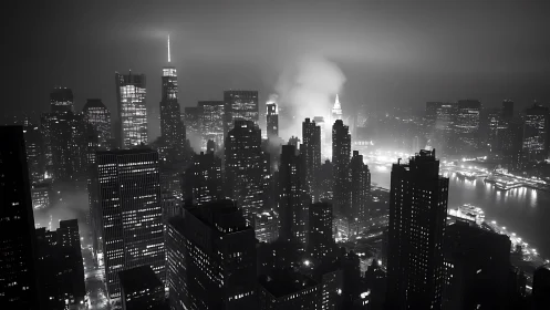 Dense city skyscrapers stand in foggy monochrome nightscape