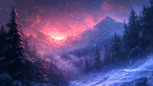 Snowy conifer forest frames glowing sunset over mountains