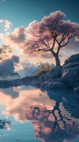 Sky-kissed cherry tree guarding a glassy pastel lake.