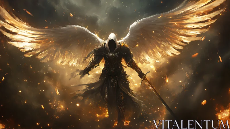 Winged armored figure with sword amid glowing embers.