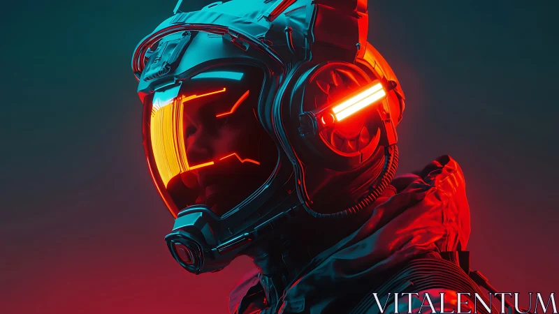 Futuristic astronaut helmet with neon red visor glow.