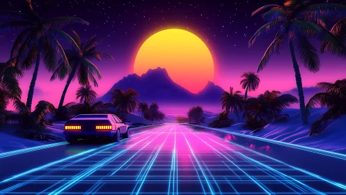 Neon sunset highway leads a retro car through cyber tropics.