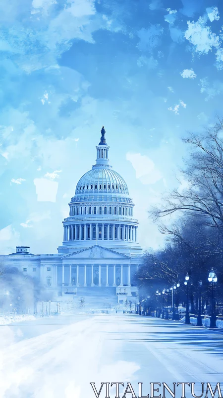 Capitol dome rises over a serene winter blue landscape.