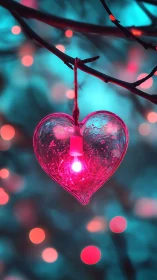 Illuminated Heart-Shaped Ornament on Branch.