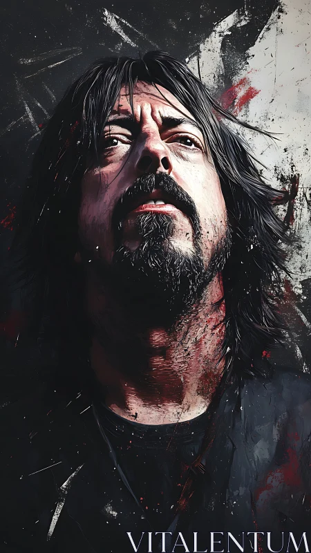 Brooding rocker gazes upward in a storm of bold paint strokes