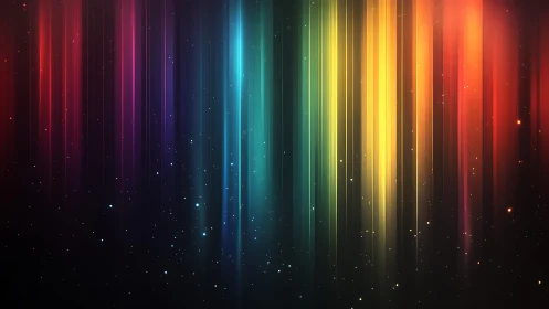 Vibrant rainbow light beams on dark abstract background, digital art.