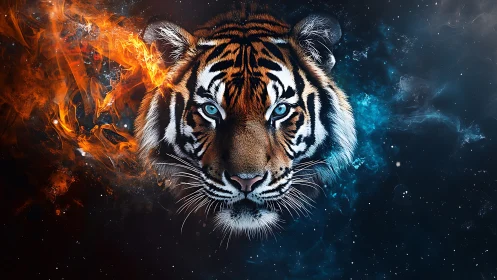 Tiger head framed by fiery orange and icy blue energy.