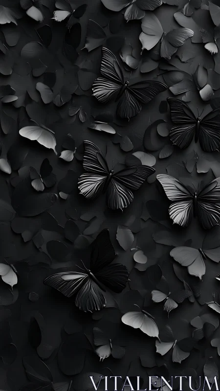 Monochrome butterflies drift over sculpted shadowed petals