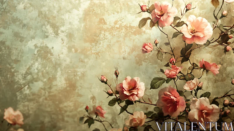 Vintage Floral Composition with Distressed Background and Rose Stems