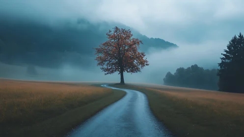 Lonely tree beside a winding road in misty countryside.