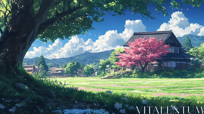 Rural Japanese house framed by cherry tree and high contrast clouds