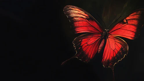 Macro study of illuminated red butterfly wings on black field