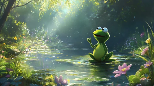 Cheerful Cartoon Frog by a Sunlit Pond in Lush Fantasy Forest.