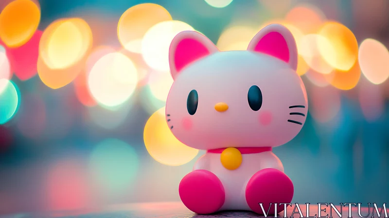 Kawaii pink cat figurine with colorful bokeh background lighting.
