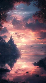 Fantasy mountain lake under glowing sunset sky reflection.