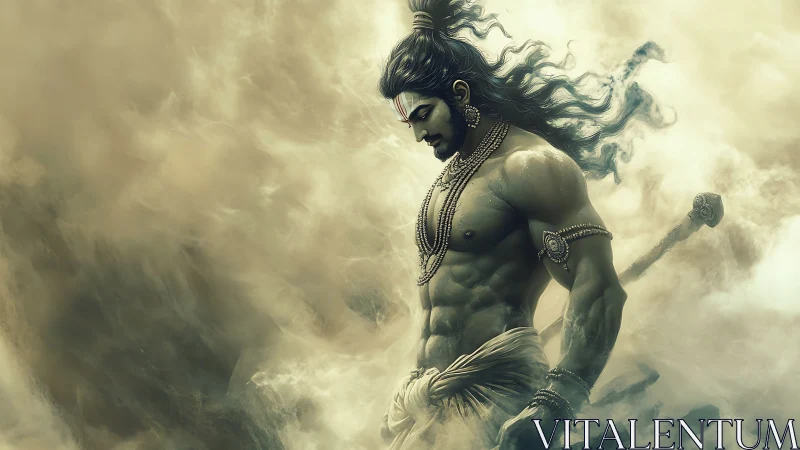 Mythic warrior stands in swirling mist with dynamic energy.