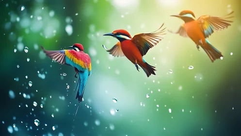 Vibrant Colorful Birds in Flight with Raindrops, Dreamy Nature Art.