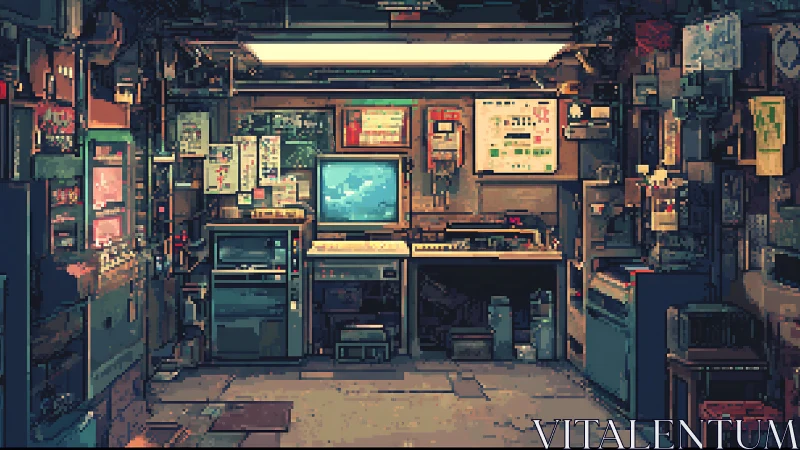 Retro pixel-art control room packed with obsolete electronics