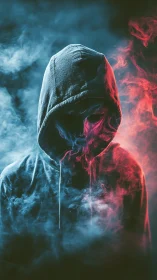 Hooded figure emerges through split red and blue smoke.