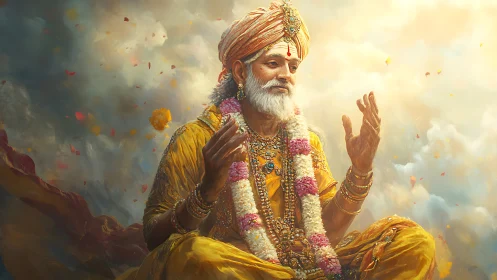 Golden-robed spiritual elder meditating in radiant clouds.