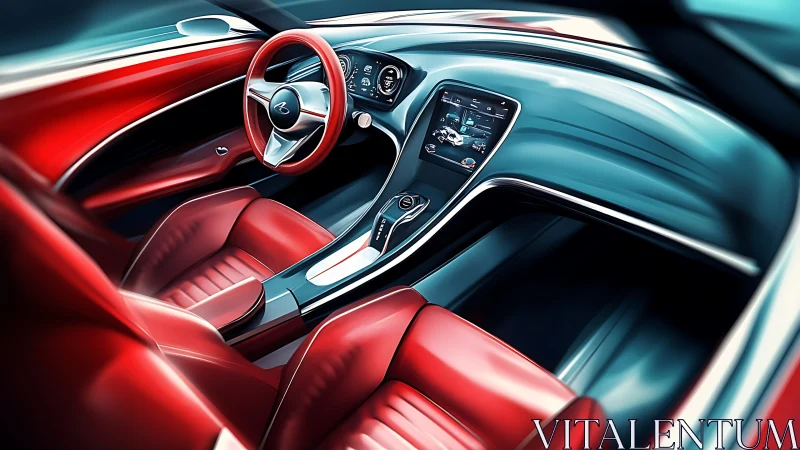Futuristic red cockpit with flowing teal dashboard curves.