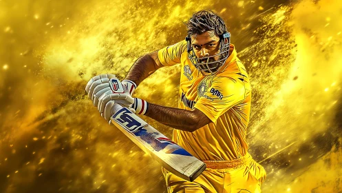 Golden cricket striker carved from roaring stadium light.