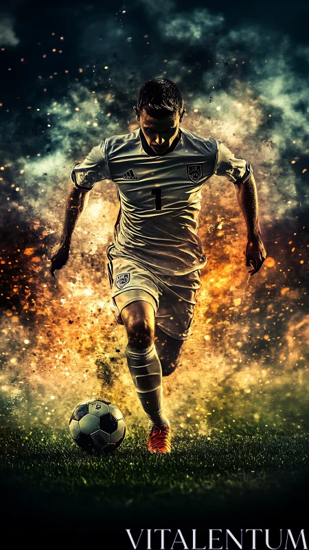 Dynamic soccer forward in fiery high-contrast digital render