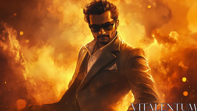 Stylish man in sunglasses emerging through fiery golden smoke.