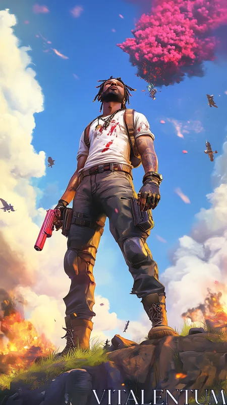 Armed figure stands on rocky hill amid distant airborne chaos