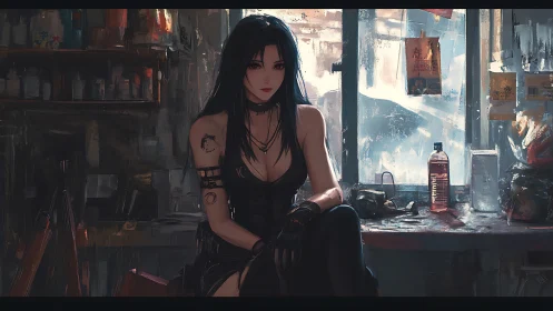 Dark-haired woman seated in cluttered studio interior.