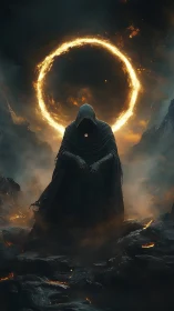 Hooded wraith beneath infernal halo in vertical concept art.