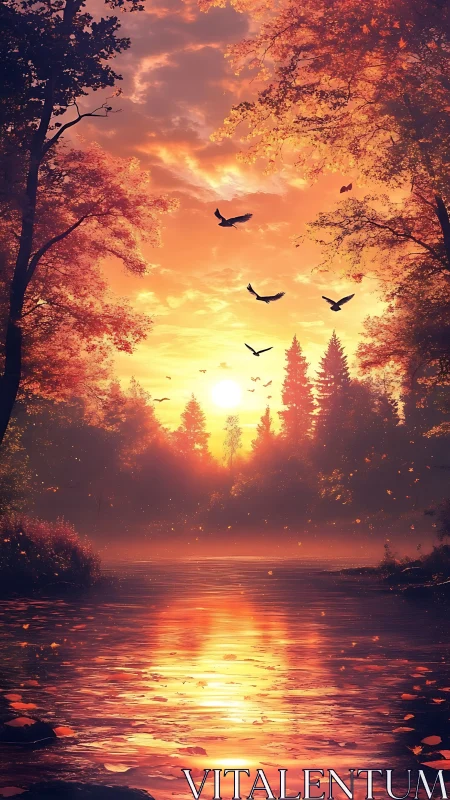 Crimson river sunset where autumn sky learns to glow.