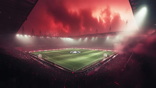 Floodlit football stadium under dramatic red storm sky