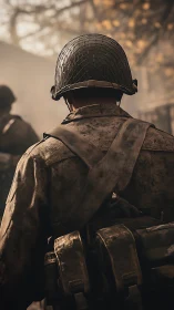 Back view of uniformed soldier in muted battlefield setting.