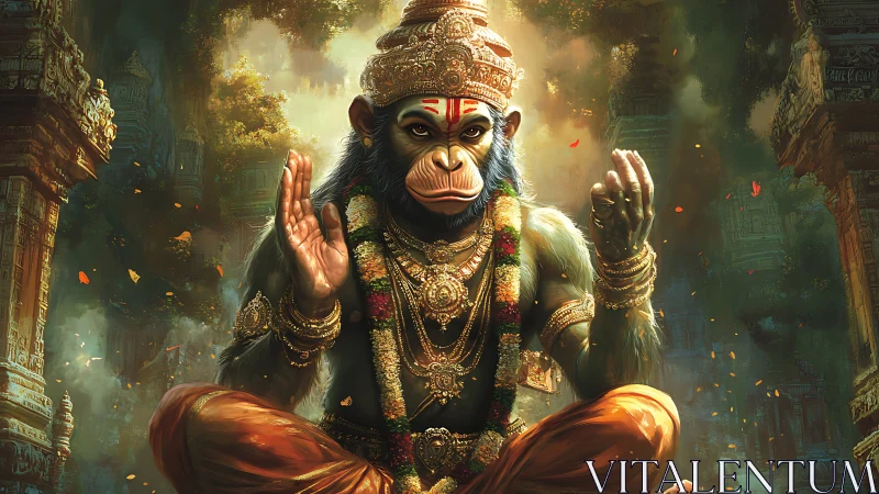 Regal monkey deity in ornate temple setting, seated calmly.