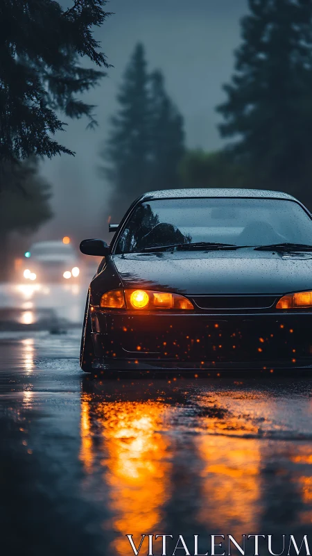 Rain-covered car reflects orange headlight glow on wet road