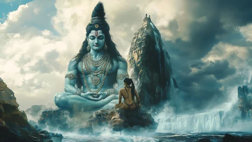 Majestic blue deity in meditation above mythic waterfalls.