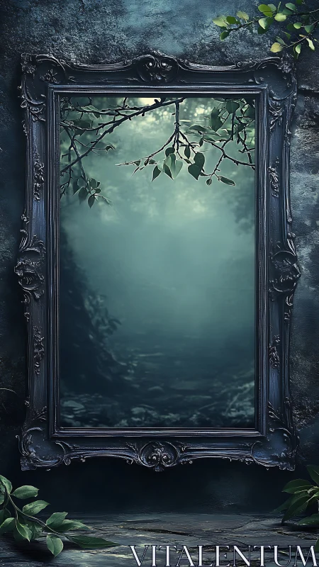 Ornate dark frame reveals misty forest passage beyond