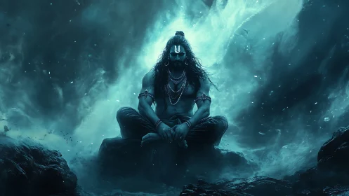 Mystical blue yogi resting calmly in swirling cosmic mist.