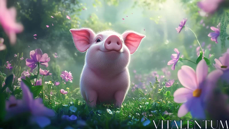 Joyful little piglet basking in soft spring meadow magic.