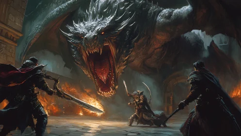 Dragonfire standoff with three doomed heroes in blazing ruins.