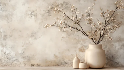 Minimal still life with ceramic vases and flowering branches.